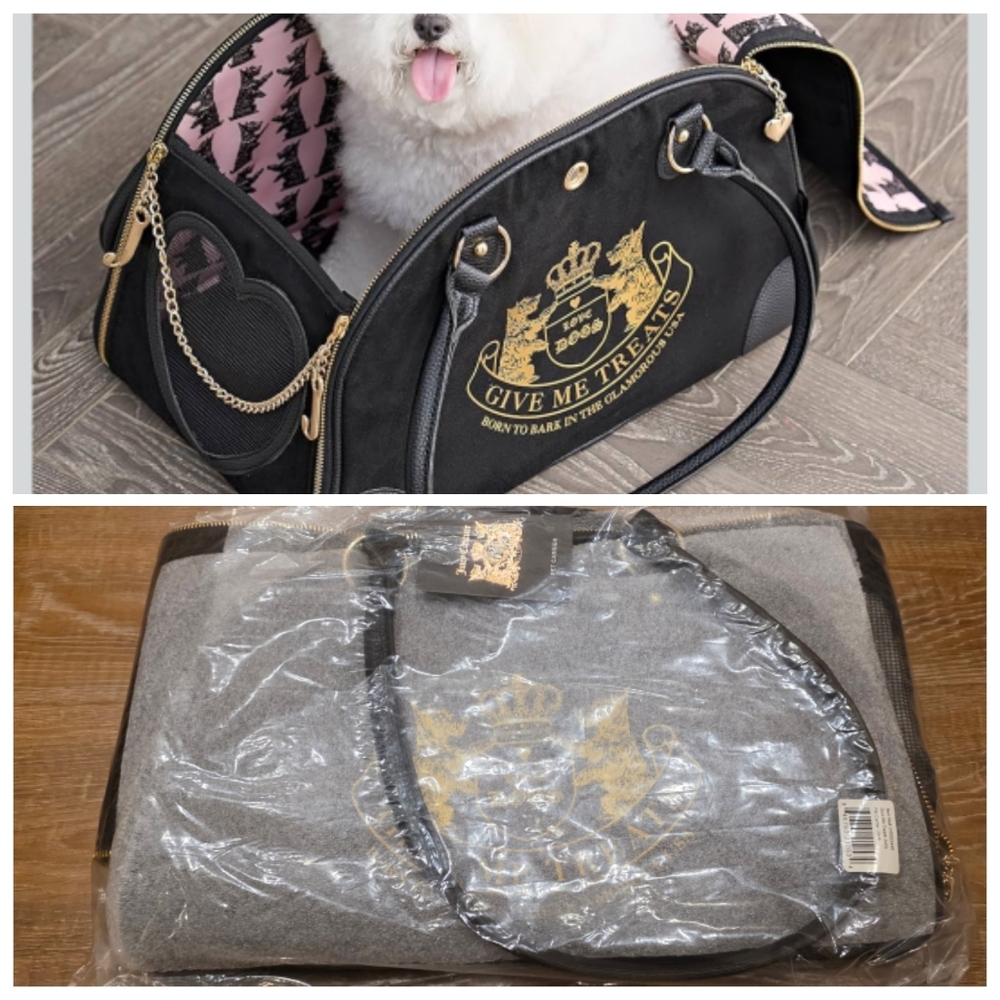 NWT Juicy Couture Pet Carrier Black & Pink Travel Bag for Small Dog & Cat.